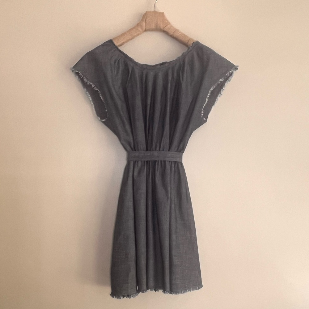 LAUREN CONRAD Flare and Belted BLUE Denim Dress Raw hem  100% Cotton Size XL